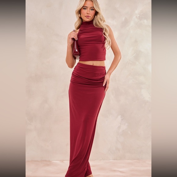 PrettyLittleThing Other - PrettyLittleThing Deep Red Ruched Two Piece Set
